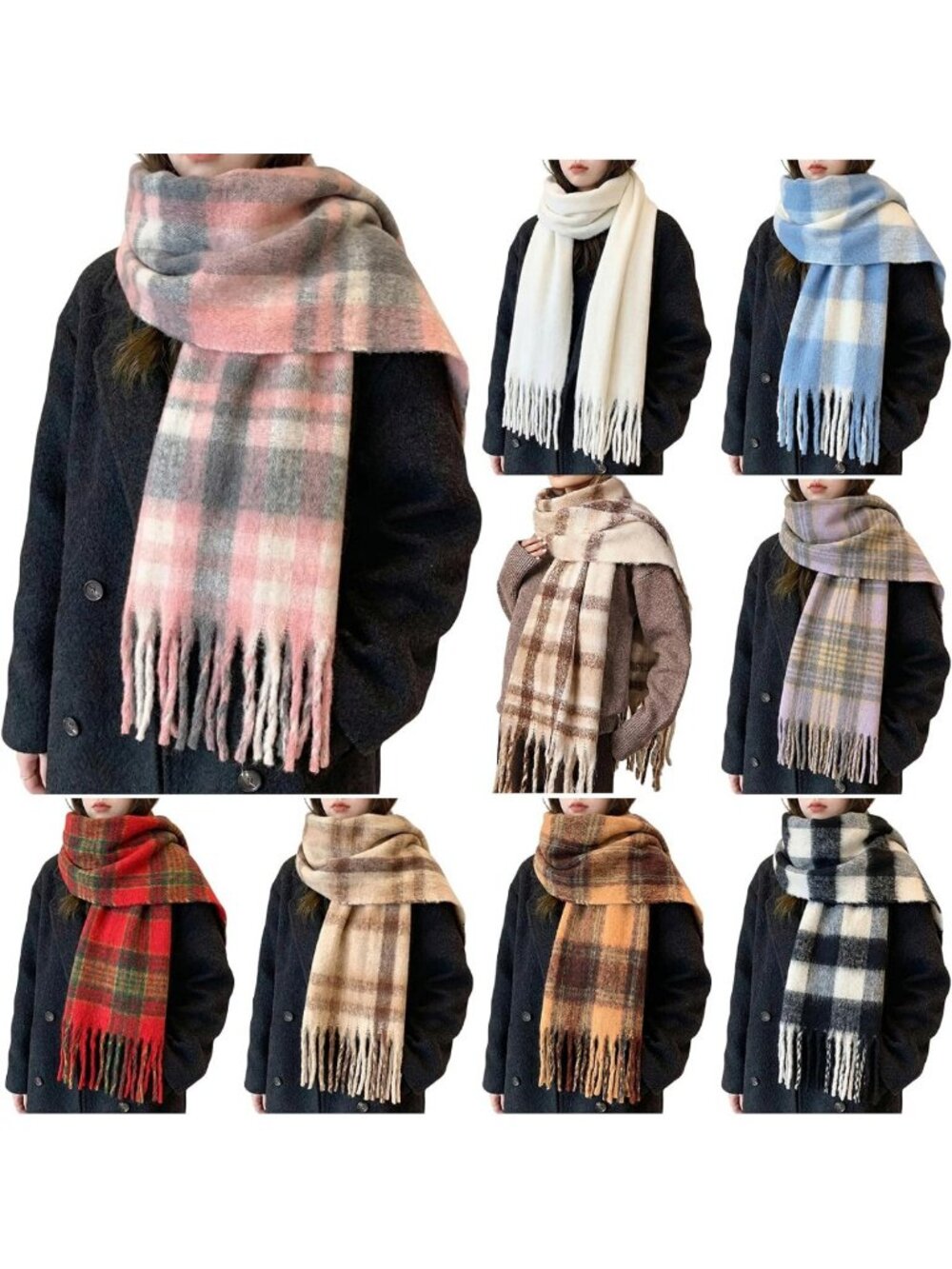 8 Pcs Plaid Winter Scarves for Women - Warm Thick Shawl with Tassels, Perfect
